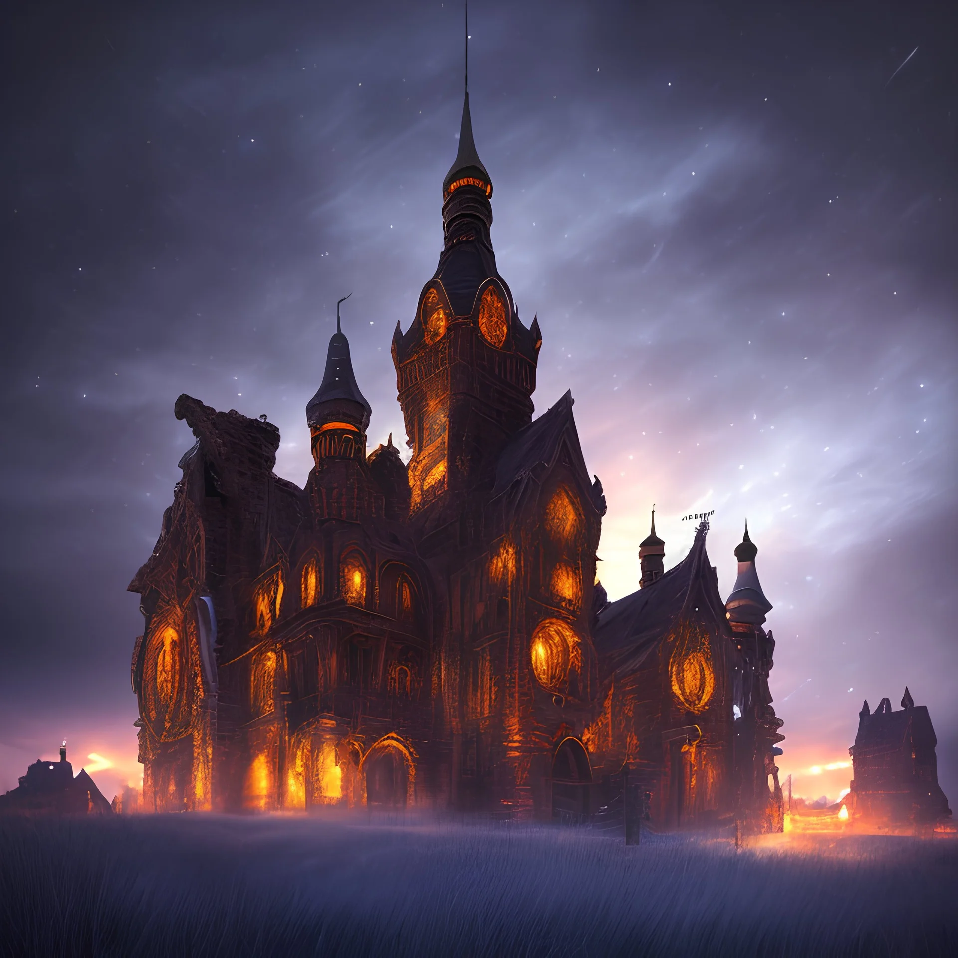 nightsky, blue, black, fields, abandoned buildings, ruins, cottage, gothic castle, metallic, gold, shiny,