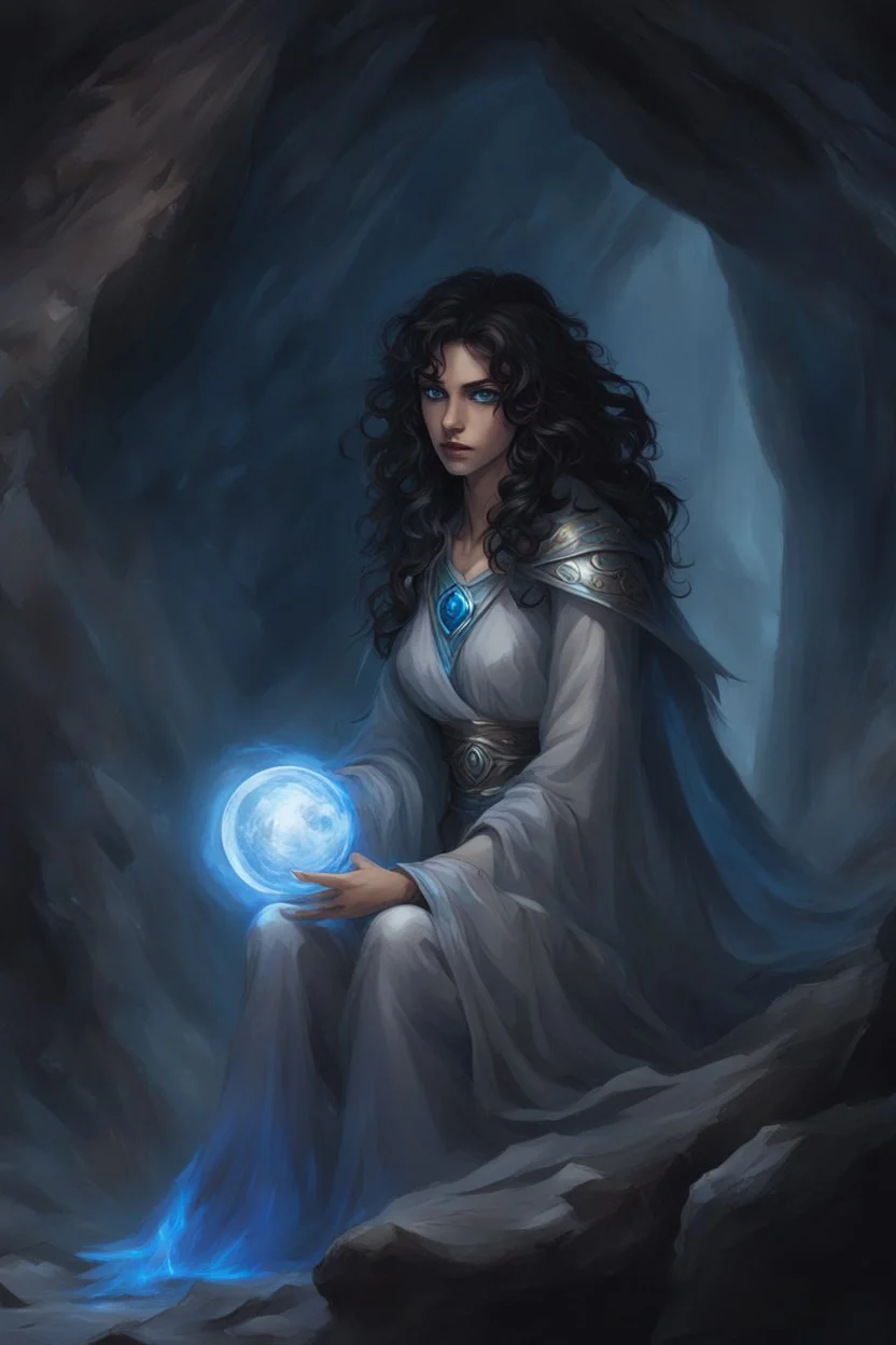 Dnd character on her knees. In a dark cave. A female Moonelf twilight cleric with black curly hair and blue eyes, wearing gray robes. Etheral, muscular, beautiful