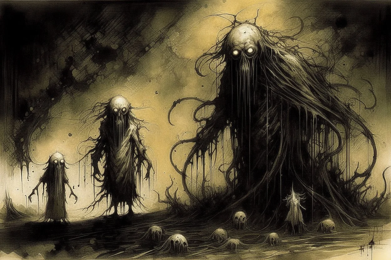 Liminal lovecraftian Abominations, by Stephen Gammell and Pejac and Jim Starlin, warm colors, stylish, unsettling horror art, vestiges of horror, dark shines war, guided by N(t)=N0​⋅e−kt