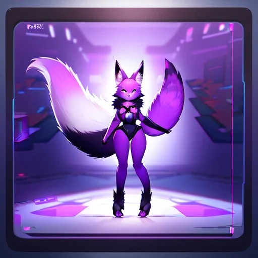 a fox fursona, furry, fursona, high quality, 8k, fox tail, winged, fur, anthropomorphic, winged, master quality, cyberpunk, backlighting, soft lights, black and purple color pallet, full body portrait, in frame