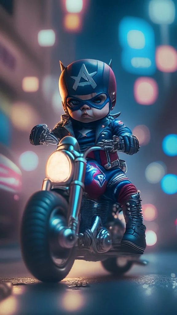 A Sharp Kawaii tiny hyper realistic baby captain america riding mini harley davidson, wearing bikers clothes with kick boxing action, night of cyberpunk city background. wide angle full body, 8k, Cinematography, photorealistic,epic composition Unreal Engine,Cinematic, Color Grading, Portrait Photography,Ultra-Wide Angle, Depth of Field, hyper detailed