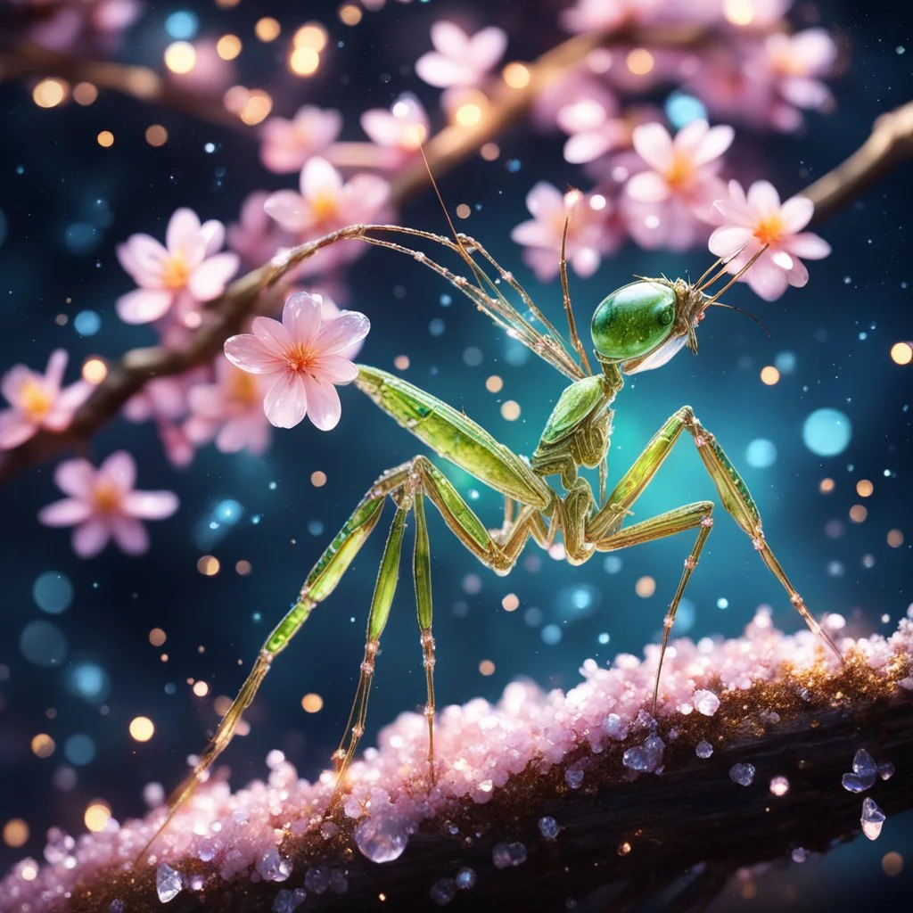 mantis made of crystal and glass sitting on a sakura tree in the moonlight, night starry sky, the moon light on the mantis like a spotlight, fire and water particles in air, digital painting, sharp focus, high contrast, bright vibrant colors, cinematic masterpiece, shallow depth of field, bokeh, sparks, glitter, 16k resolution, photorealistic, intricate details, dramatic natural lighting