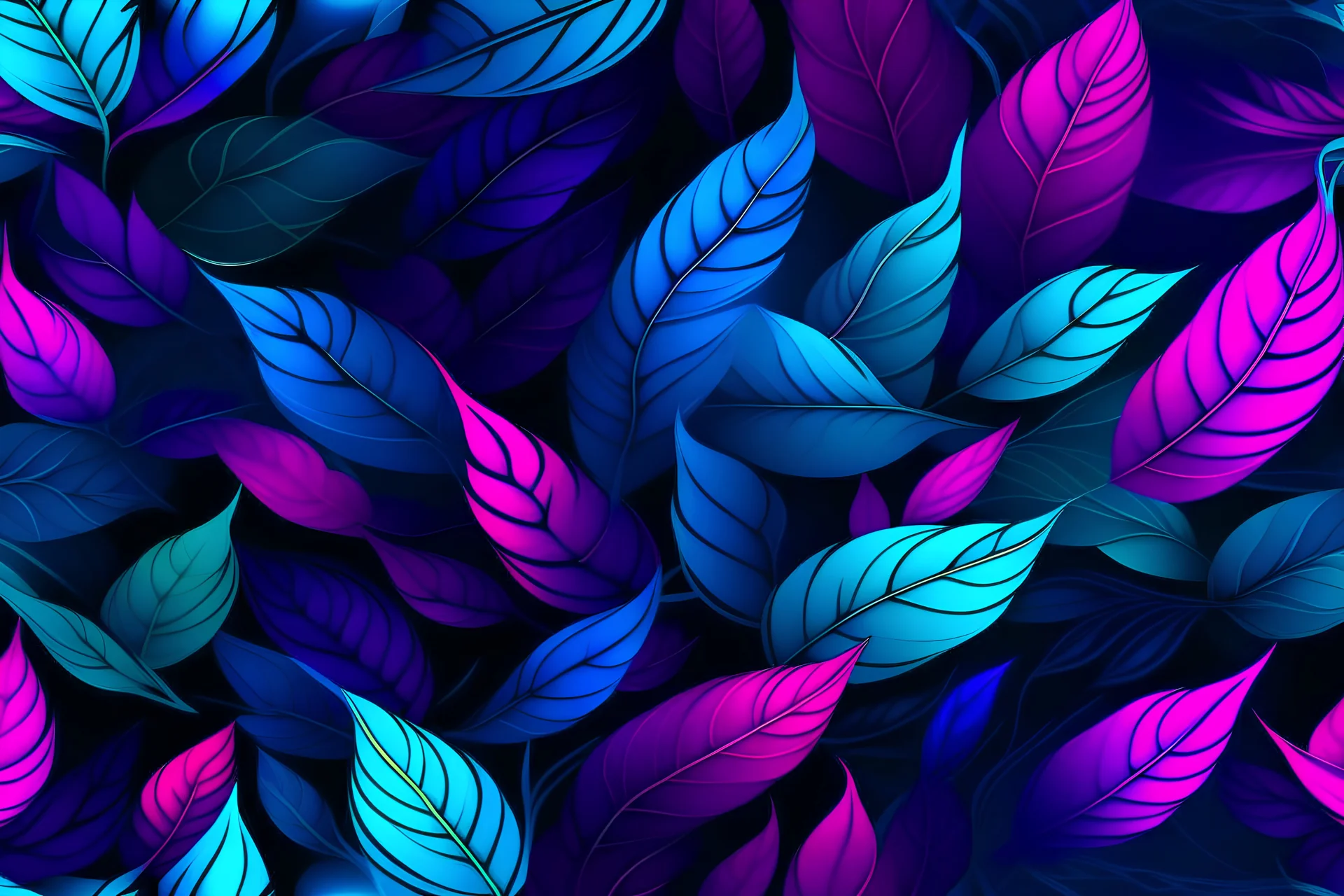 Violet, blue and magenta leafs, Florescente and vibrant, Dark background