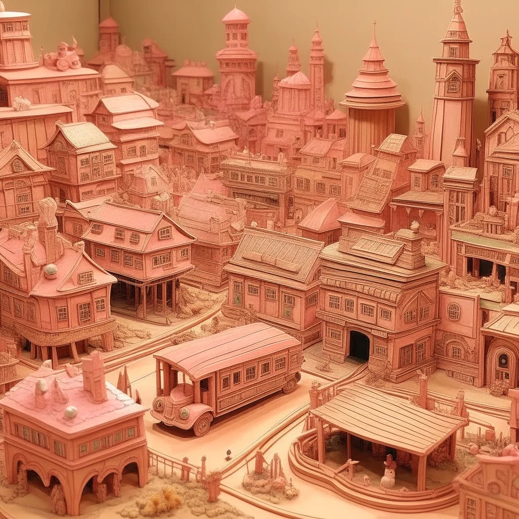 A light pink western town made out of toys painted by Leonardo da Vinci