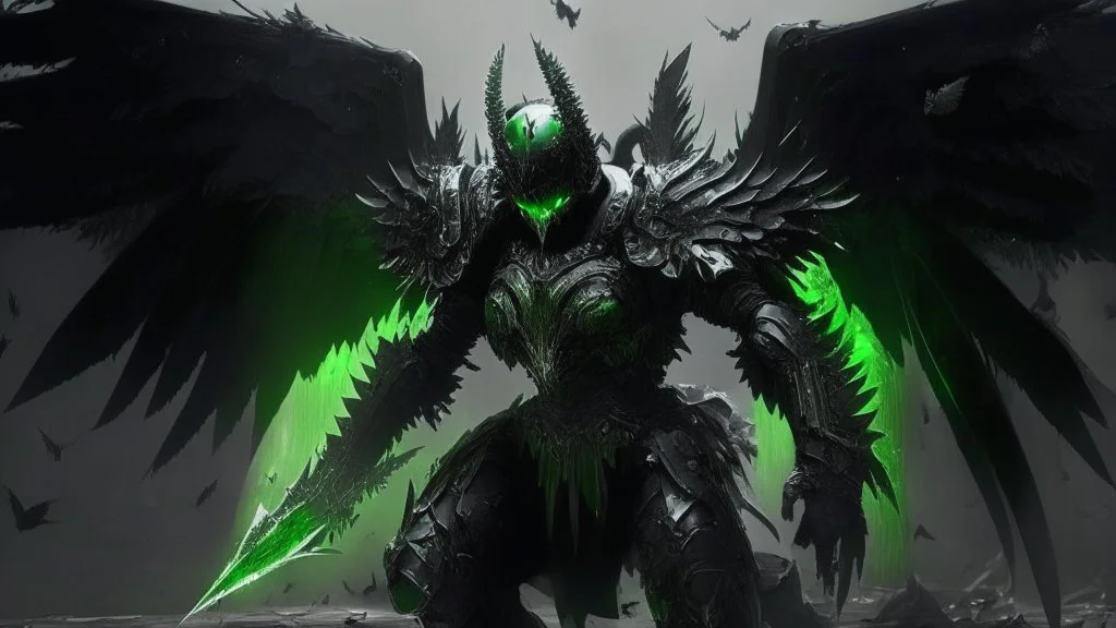 armadura negra y verde de alas de angel siendo atacado