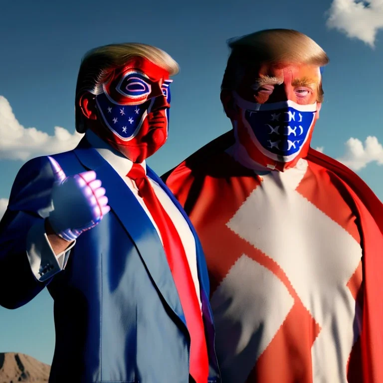 realistic image of donald trump as a mexican wrestling fighter posing outdoors, Mexican eyes wrestling mask, red and blue breeches, confederate flag cape, retro style, 80s, vibrant color, highly detailed, sky background, concept art, unreal engine 5, god rays, ray tracing, RTX, lumen lighting, ultra detail, volumetric lighting, 3d, finely drawn, high definition, high resolution.