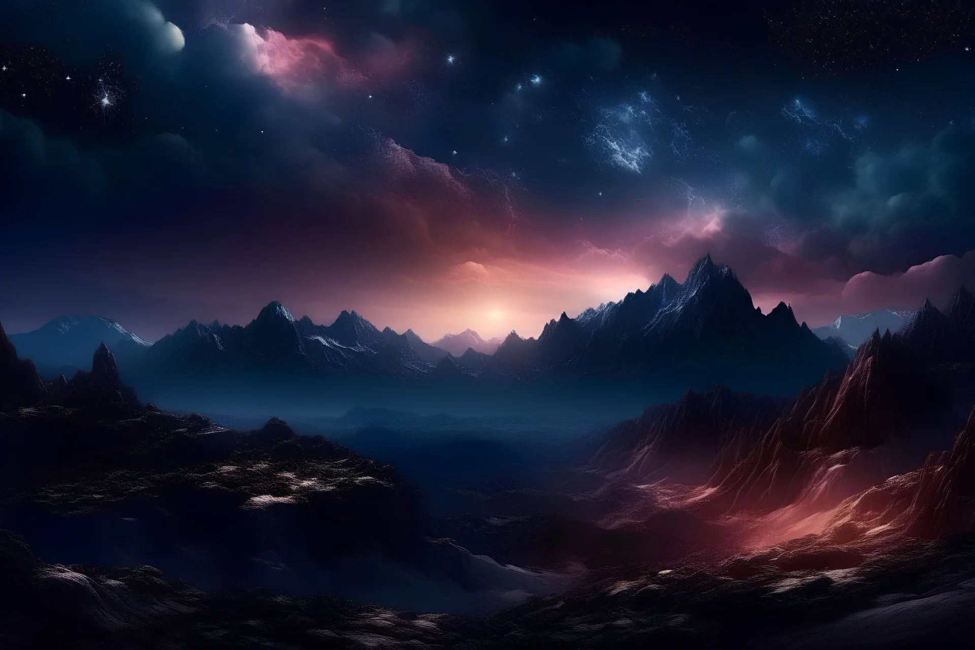subconscious on magic , realty mountains, only sky, color is dark , where you can see , panorama. Background: An otherworldly bathed in the cold glow of distant stars. gloomy landscape with dramatic HD highlights detailled