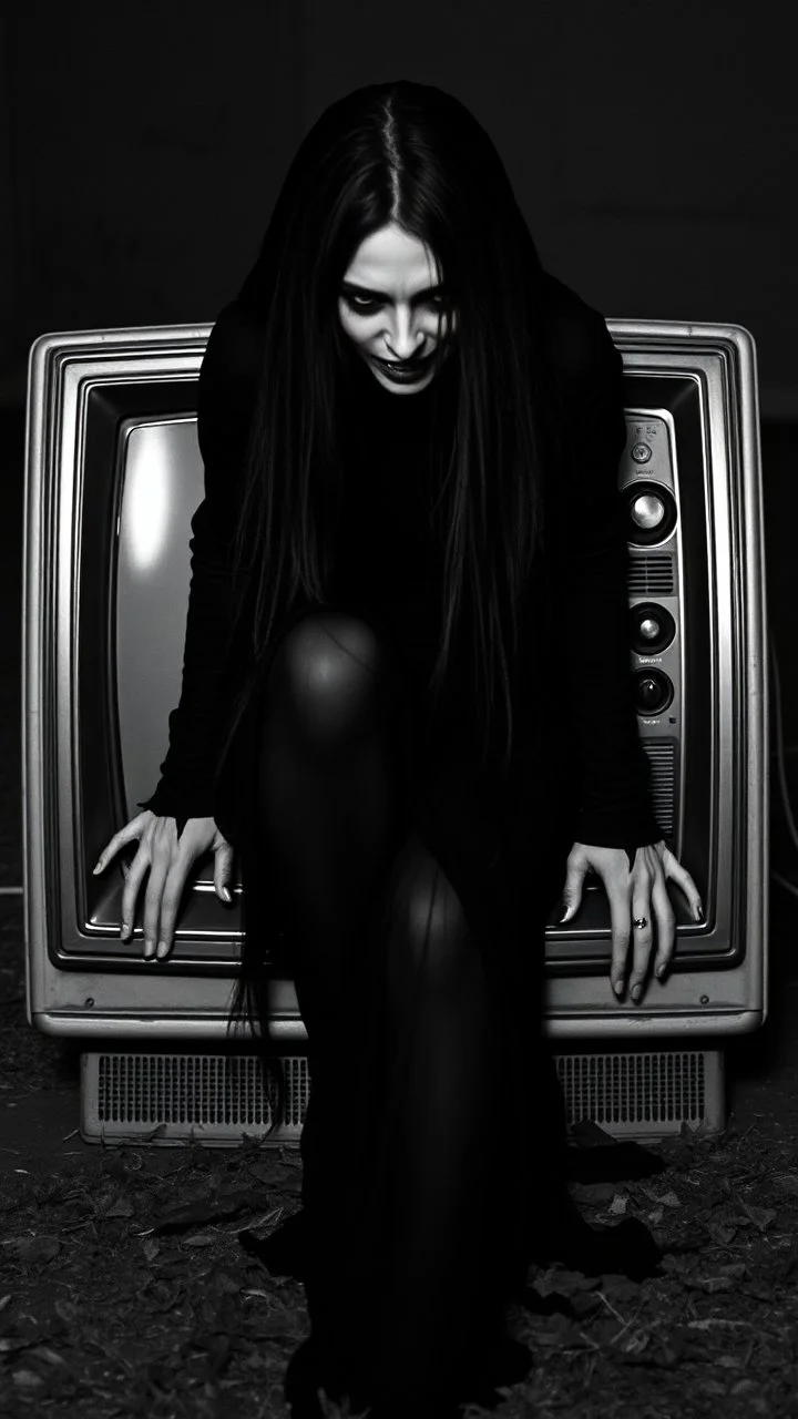 Black and white classic movie the well . A scary women wearing all black and long hair covering her face stepping out of an old tv devise both her hands on the touching the ground out side the tv but her half of her buddy is inside the tv is like getting out of tv crawling out of the tv , scary scene