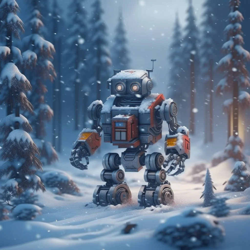 fat robot in santa claus outfit and presents in snowy misty forest, 8k, down-light, soft light, depth of field, photo realism, trending on art station, high detail