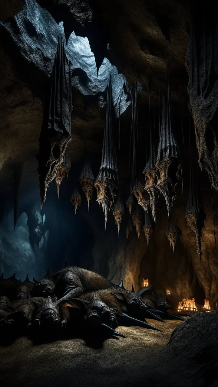 bats hanging upside down sleeping inside a cave , 8k artistic photography, photorealistic concept art, soft natural volumetric cinematic perfect light, chiaroscuro, award-winning photograph, masterpiece, oil on canvas, Raphael, Caravaggio’s, Greg Rutkowski, people, beksinski, Giger