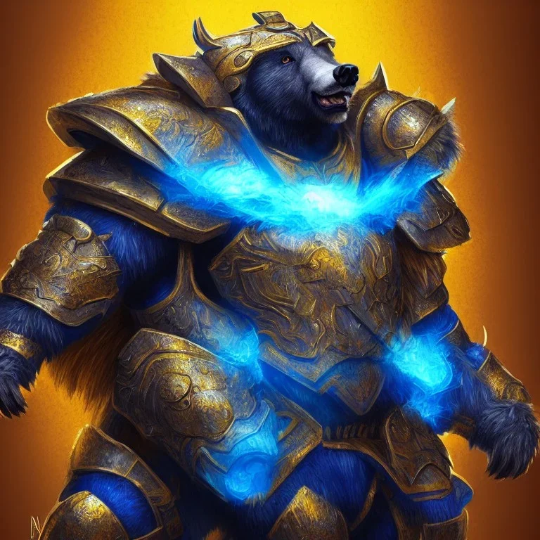 An angry bear warrior in blue and gold armor, background of Inka jungle, high detail, smooth, realistic, digital illustration, Artstation, artgerm,