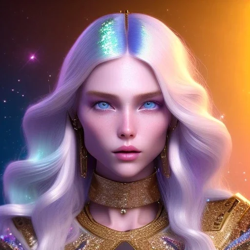 white woman long blond hair blue eyes glitter in a galactic ambiance, delicate colors in the foreground, full of details, smooth, light effect，vaporwave colorful, smooth, extremely sharp detail, finely tuned detail, ultra high definition, 8 k, unreal engine 5, ultra sharp focus