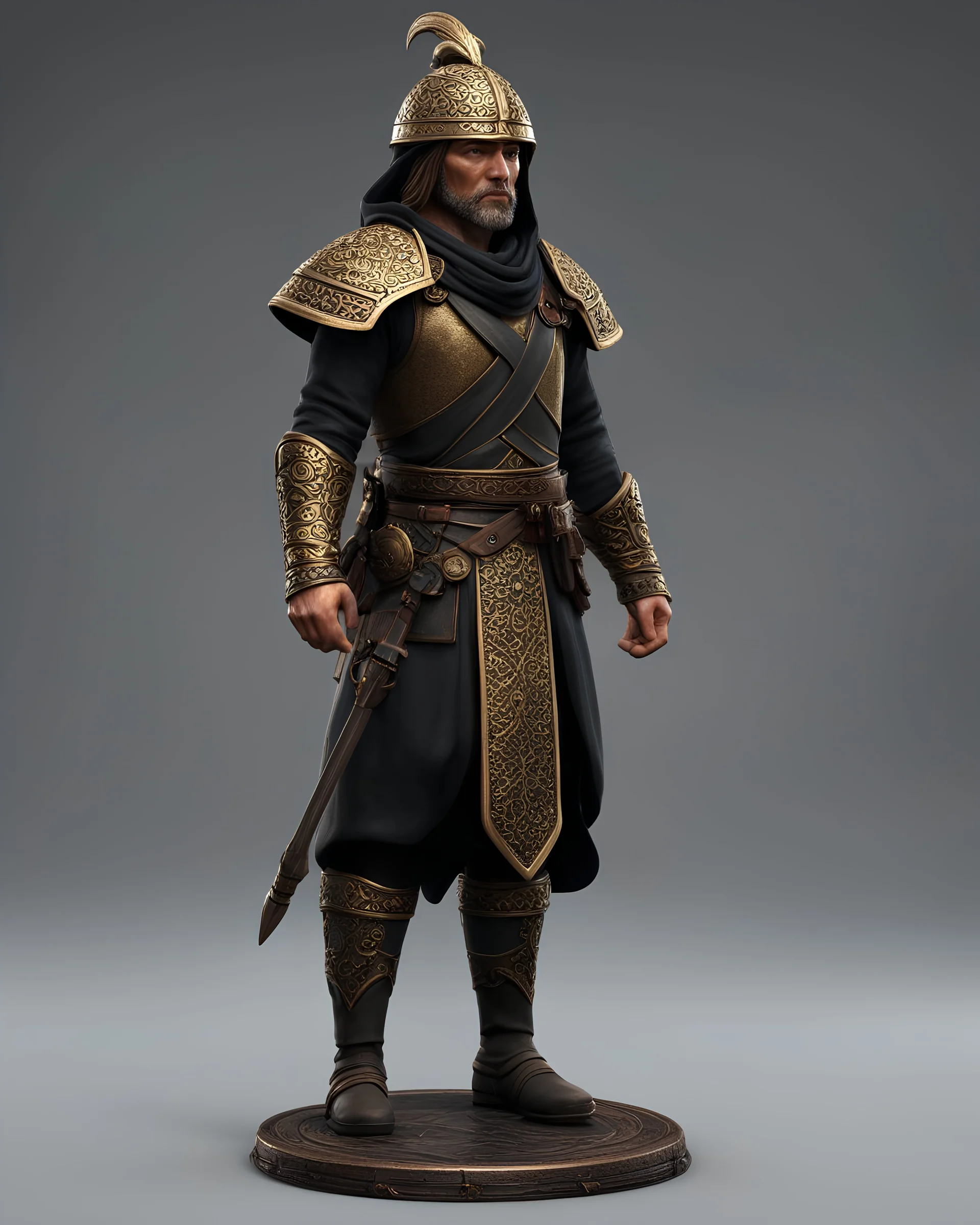 tabletop role-playing miniature of a bronze-age soldier wearing black minoan-gigeresque-3d-fractal-style clothes. full body. concept art in the style of lord of the rings. hyperrealism 4K ultra HD unreal engine 5 photorealism.