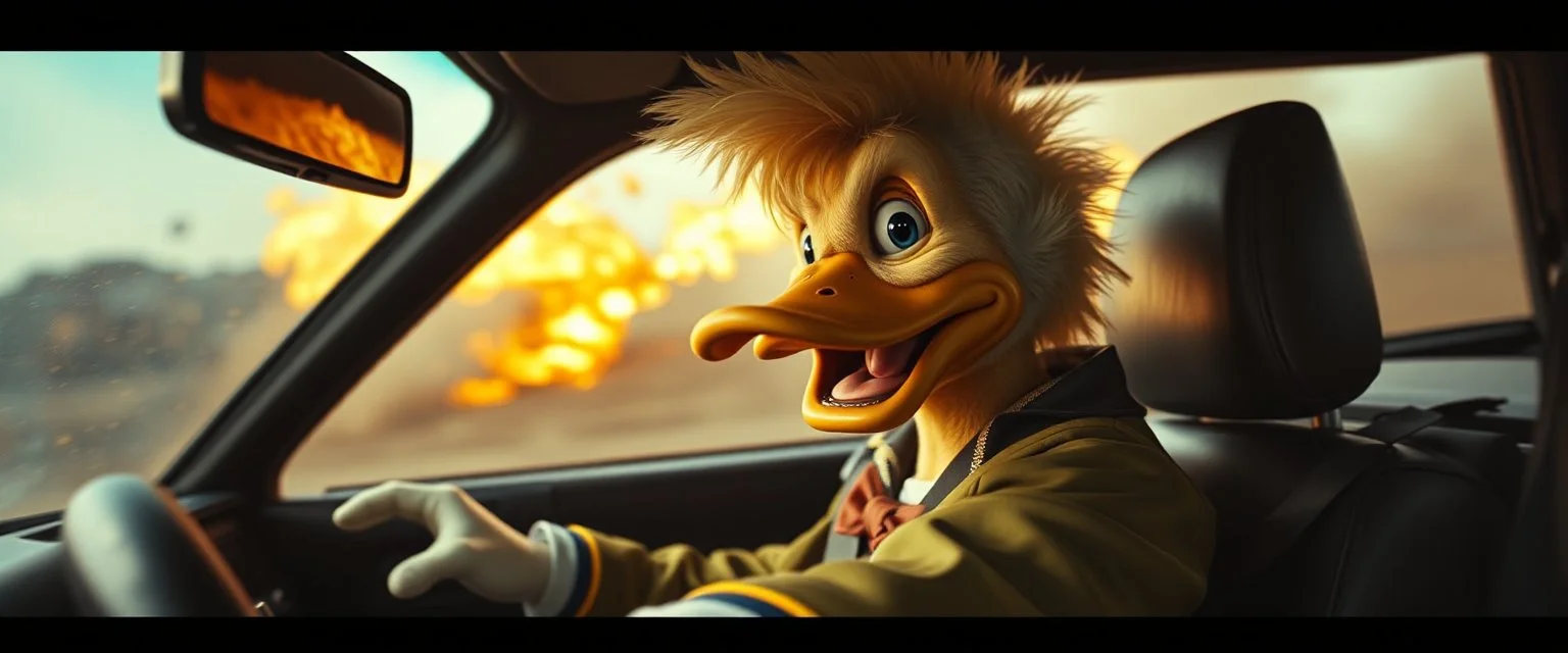 Donald fikk noe av stoffet til å detonere ved ett uhell. Når Donalditt brukes som drivstoff, utløser det vanvittige krefter. In the style of Rembrandt and Fallout 4, Donald in a fast car. Background blur. Movie poster. Wild look.Mad mad and furiosa as ducks.