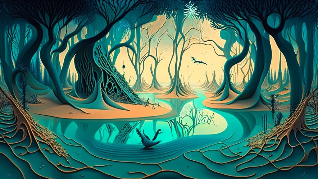 A whimsical interpretation of dunes transforming into a surreal lunatic lagoon, with a mystical forest surrounding a determined hunter