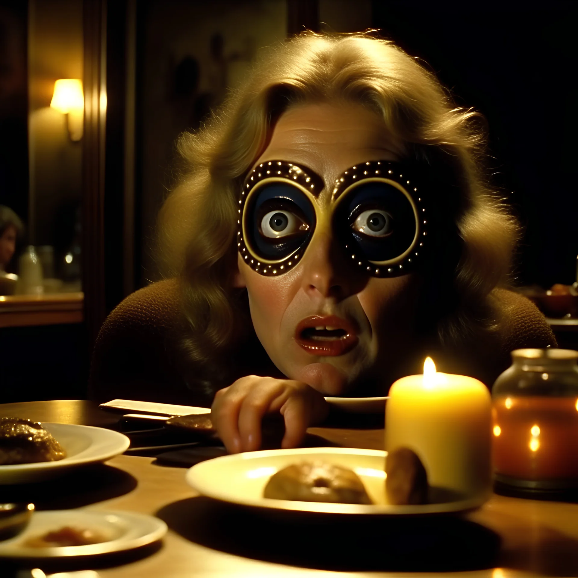 Spooky, ultra realistic distress, dining, ultra realistic hot woman, nose, giant eye on a table, organic hot bondes, dynamic, anguish, excited and lively scene, hypermaximalist figures, Creepy the Ring Alfred Hitchcock, Sam Raimi, insanely detailed, sinister, John Carpenter, Dario Argento, ornate