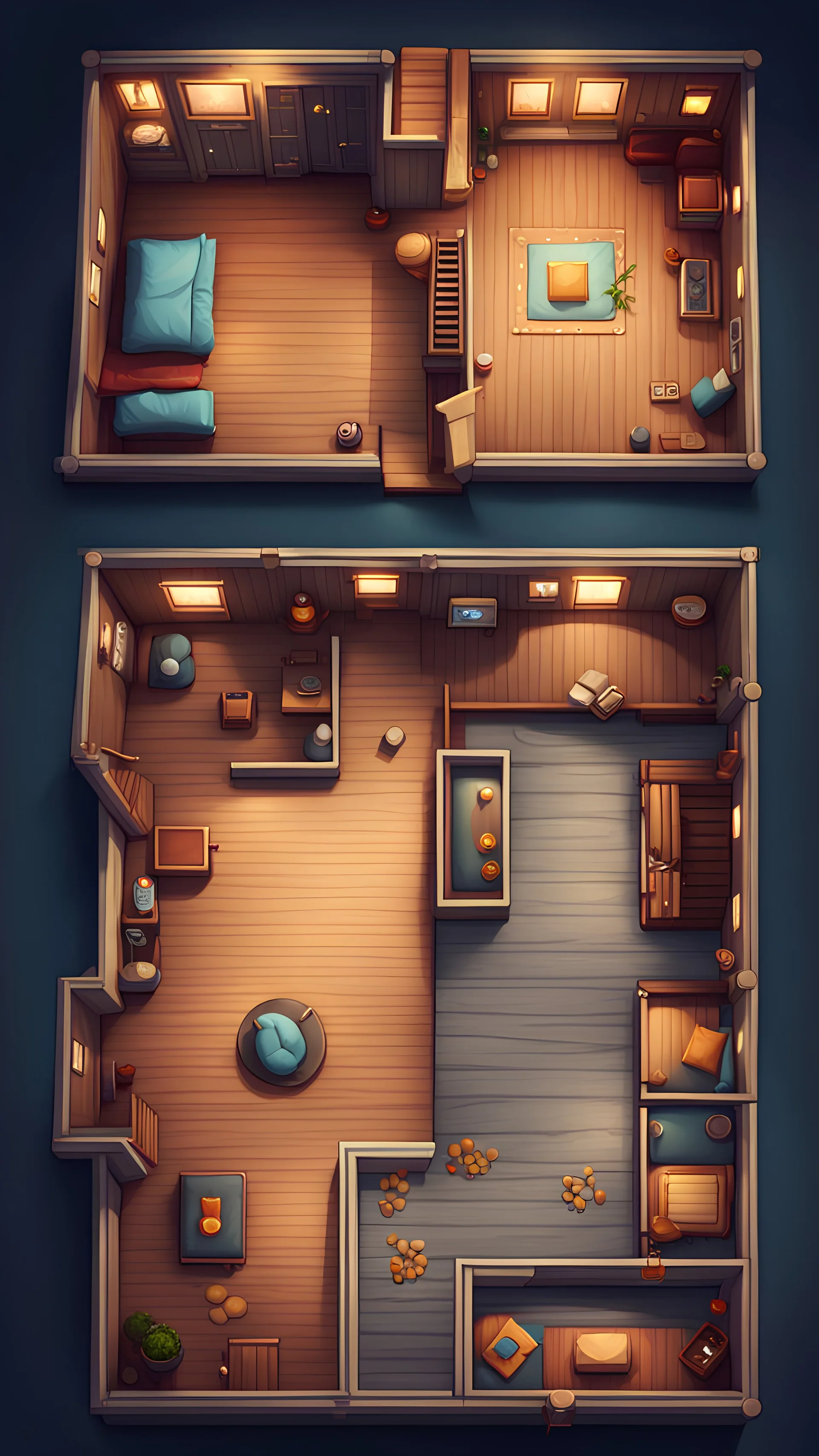 house interior 2d topdown, from the top stylized, game