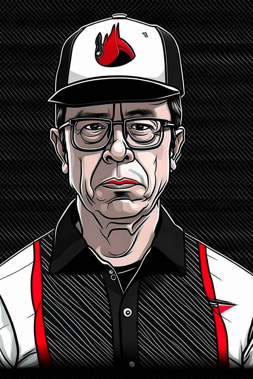 Ilustración vectorial de Gustavo Petro con gorra deportiva camisa colores negro, blanco y rojo, fondo negro