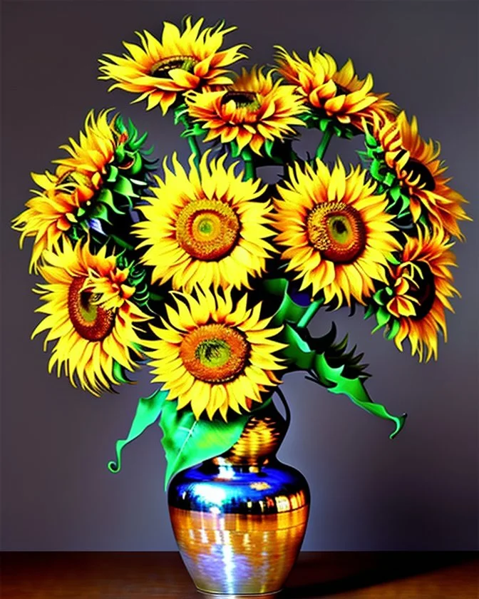 Girasoles de Vicent Van Gogh en metal brillante, florero plateado brillante, arte digital 3D maximalista, calidad ultra, intrincado, hiperdetallado, increíble obra de arte, 8k