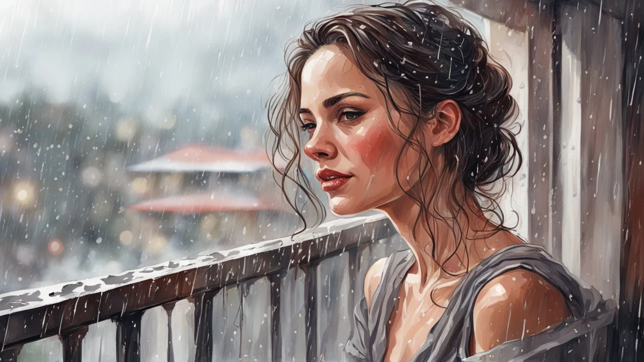 Draw a portrait of a beautiful woman on the balcony, rain