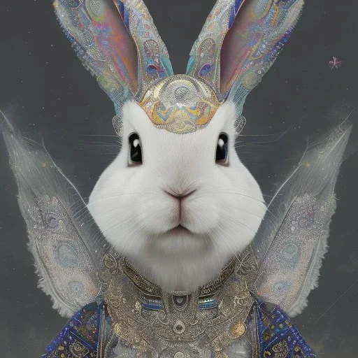 white platinum rabbit with blue third aye and butterfly wings, aboriginal, dot painting, indiginous, dot, mud, dream-time, abstract, dots, natural pigment, extremely sharp detail, finely tuned detail, ultra high definition, 8 k, unreal engine 5, ultra sharp focus, art germ and Paul Lewin and Kehinde Wiley