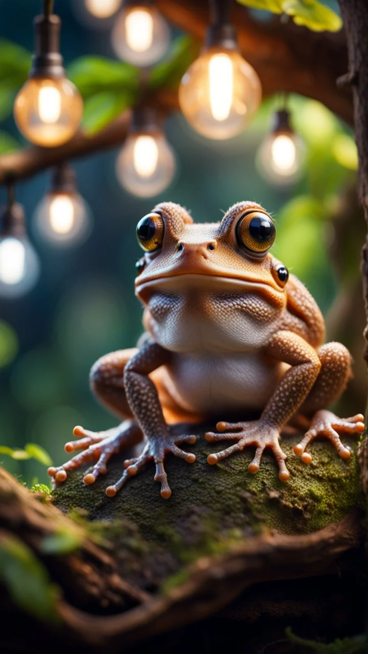 portrait of hairy frog living inside a huge tree growing light bulbs,bokeh like f/0.8, tilt-shift lens 8k, high detail, smooth render, down-light, unreal engine, prize winning