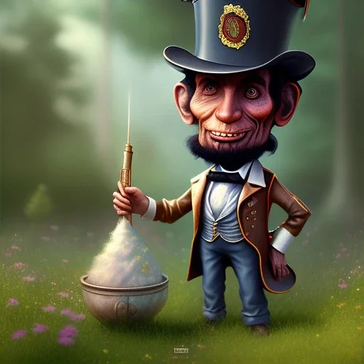 pixar style, volumetric summer garden environment and background, realistic painting of a cute midget abraham lincoln with stovepipe hat, looking excited, volumetric lighting, dramatic lighting, detailed digital painting, anime, ornate, colour-washed colors, elegant, small minutiae, tiny features, particulars, centered, smooth, sharp focus, renderman gofur render, 8k, uhd, detailed eyes