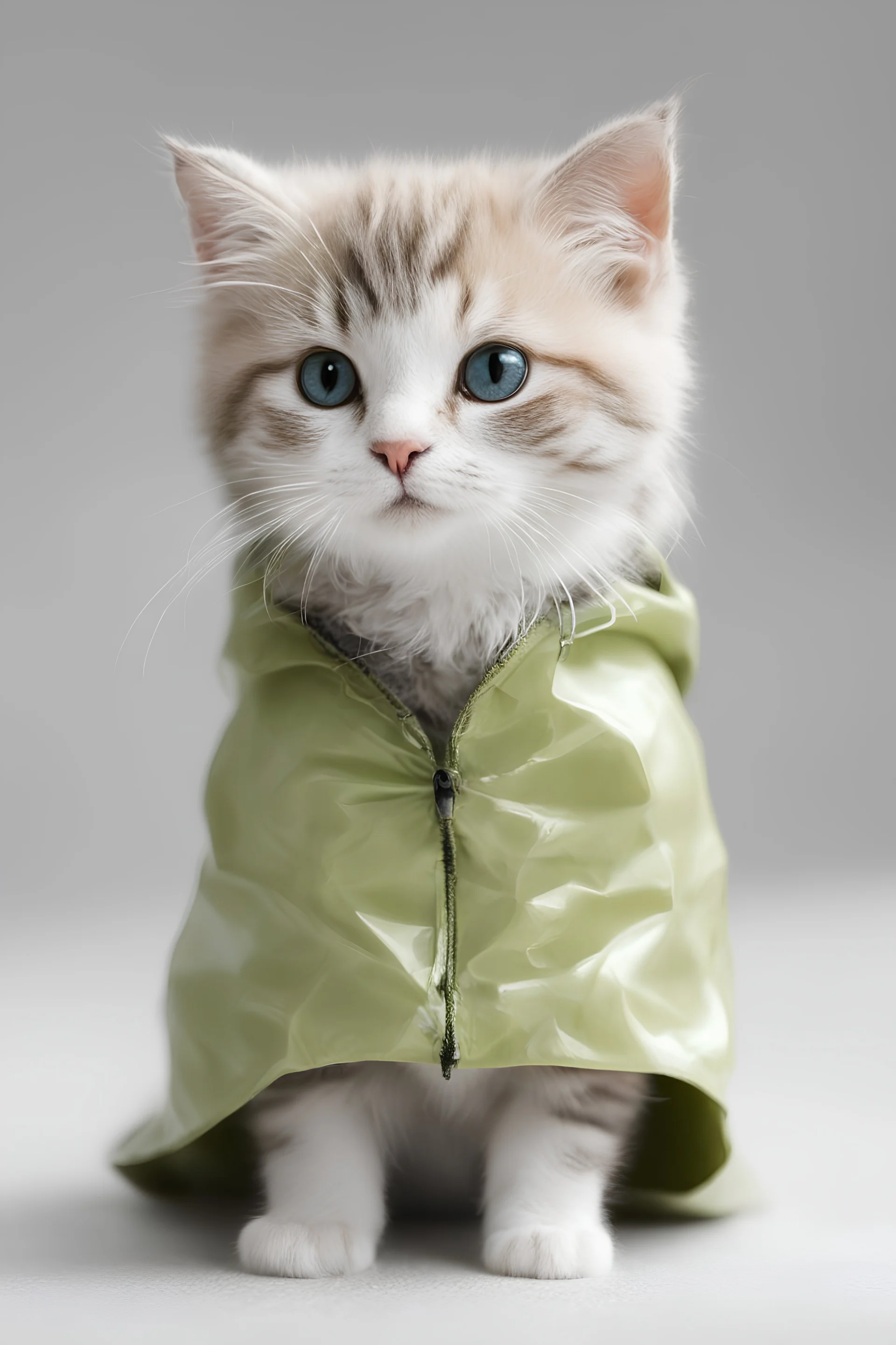 baby cat in raincoat. Chibi, Photograph, Canon DSLR, Tilt - shift, white background, high definition, Complete and coordinated composition, 8k