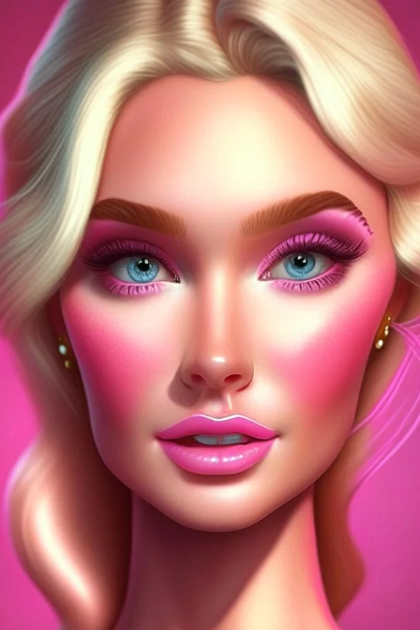 Barbie wears a very calm and beautiful nude makeup with a charming cartoonish luminous face with a very beautiful pink dress