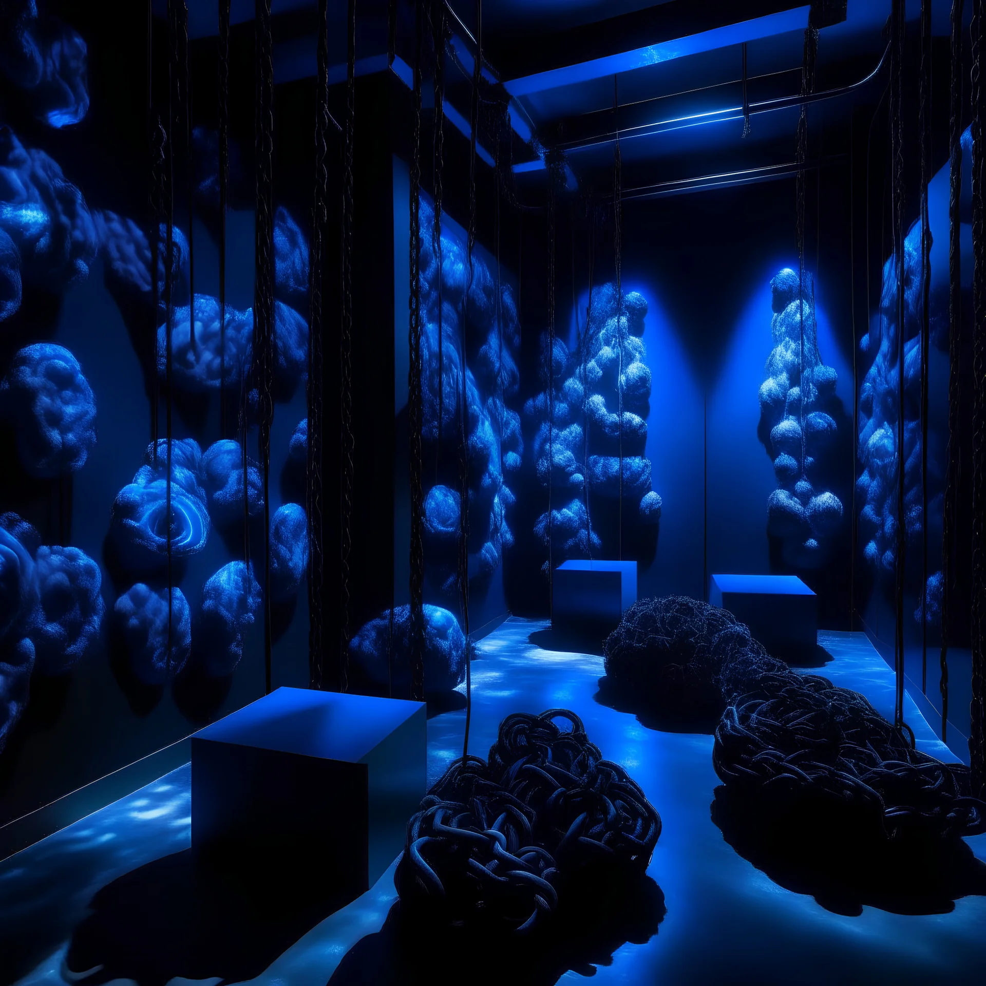 Walls covered in brains made from dark chain links in dark room lit by blue flames