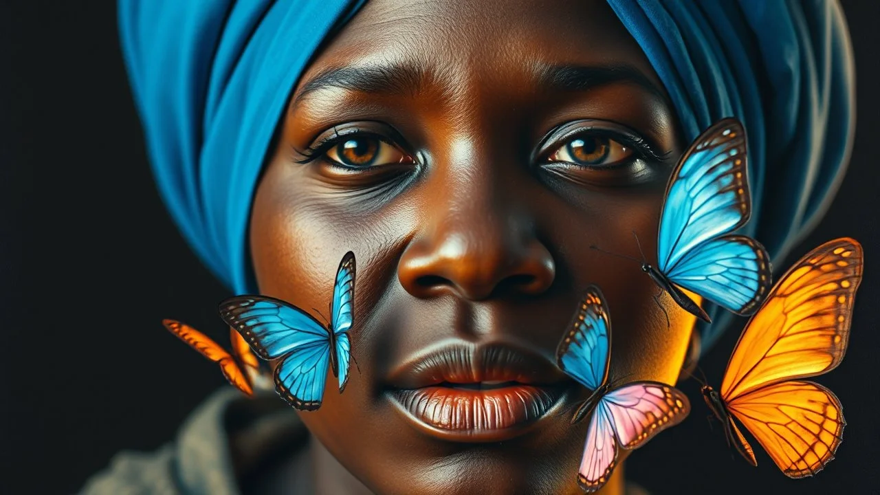 Extreme close-up portrait of a 32-year-old African woman with a blue turban, face filling the frame, several butterflies gently emerging from her mouth as if breath turned into color, warm side lighting, minimal dark background, hyperreal surrealist painting style.