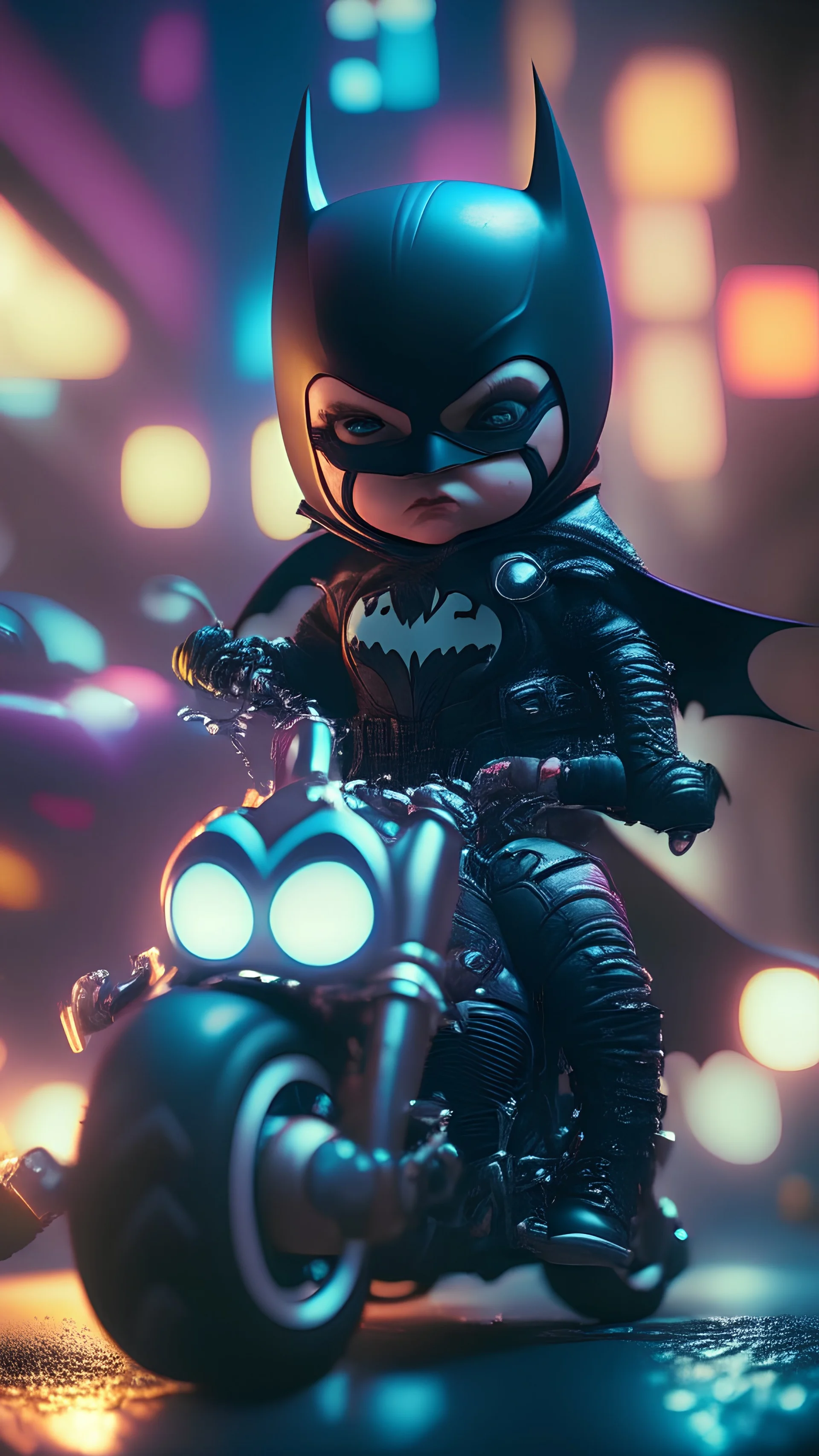 An Angry Kawaii tiny hyper realistic baby batman riding mini harley davidson sportster, wearing bikers batman clothes with shooting action, night of cyberpunk city background. wide angle full body, 8k, Cinematography, photorealistic,epic composition Unreal Engine,Cinematic, Color Grading, Portrait Photography,Ultra-Wide Angle, Depth of Field, hyper detailed