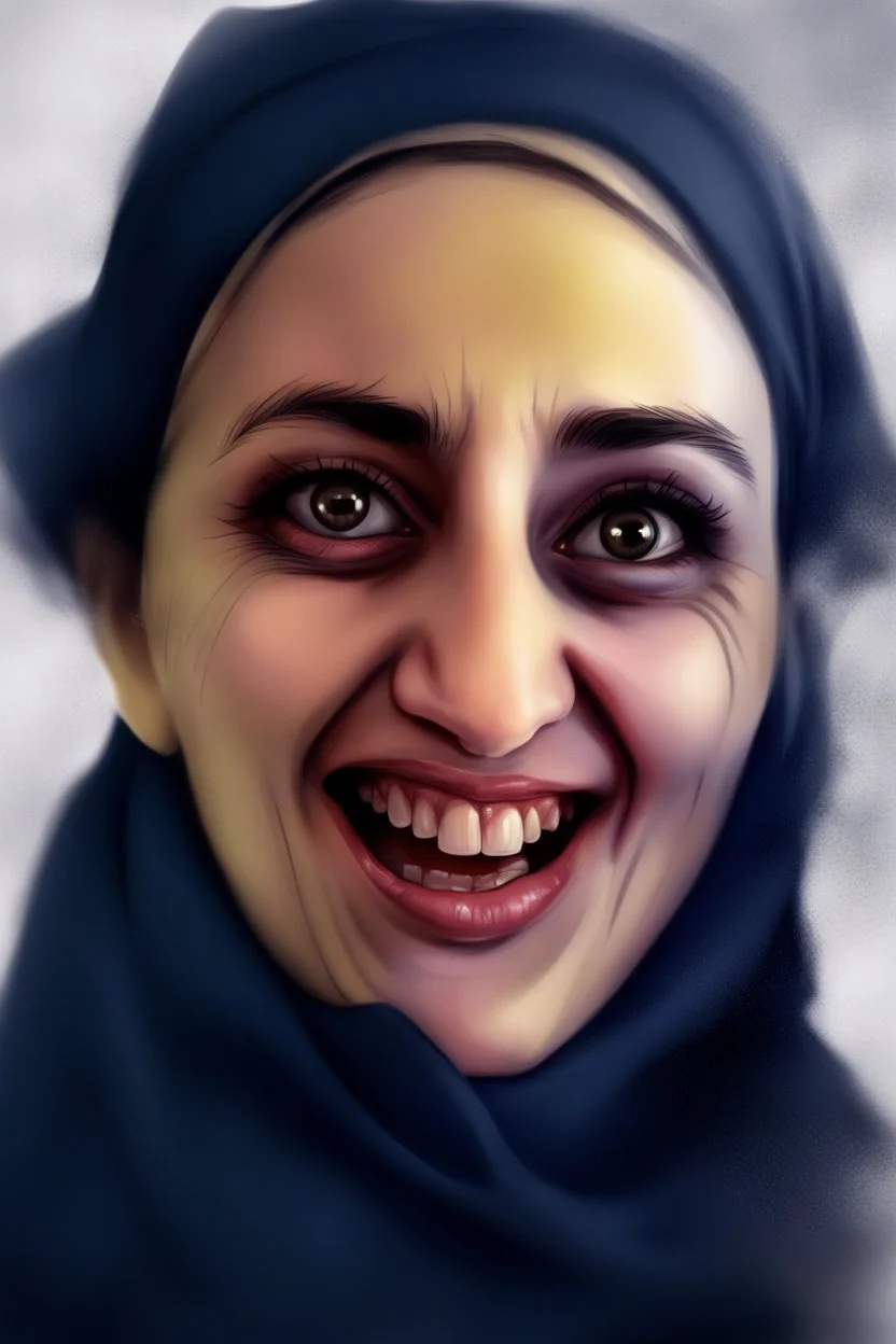 ha picture drawn by an insane artist, ugly arab woman screams in terror, petite, lips in a frown, ((((mouth wide open!!!!)))horrible, terrified open mouth scream, yellow colored skin, (unhealthy) complexion, unstylish short pencil dress, blue, disgusting, inelegant surroundings, lighting is one bare light bulb abover her head, like an interrogation ), focused subject, pencils, pens, colored pencils, varia tions, solo shots, horrid skin texture