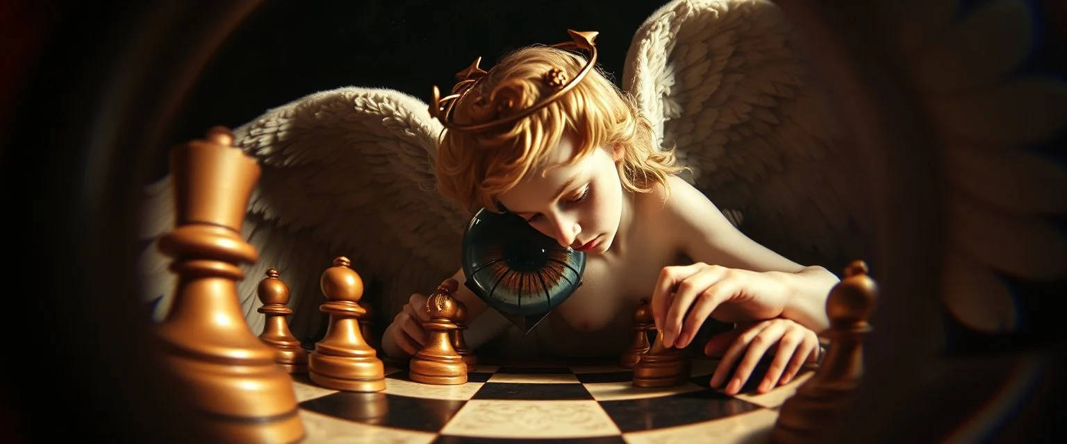 fish eye lense, pin hole cam, master oil painting by Rembrandt, realistic rendering one eyed chess angel a sense of depth