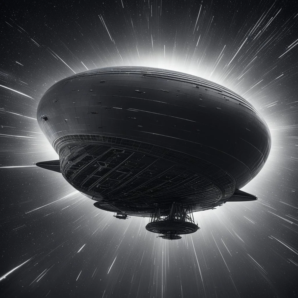 the zeppelin shaped space ship is shown flying through the star field, hyperspace noir, forced perspective, dark gray and gray