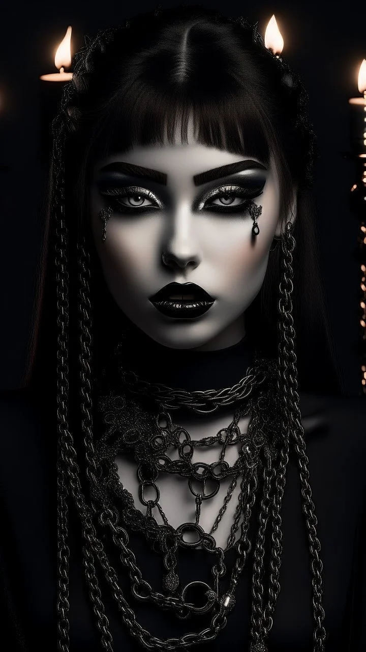 minimalism,amazingly beautiful fashion gothic girl black makeup closeup portrait covered in black diamonds charm chains and candles in the background