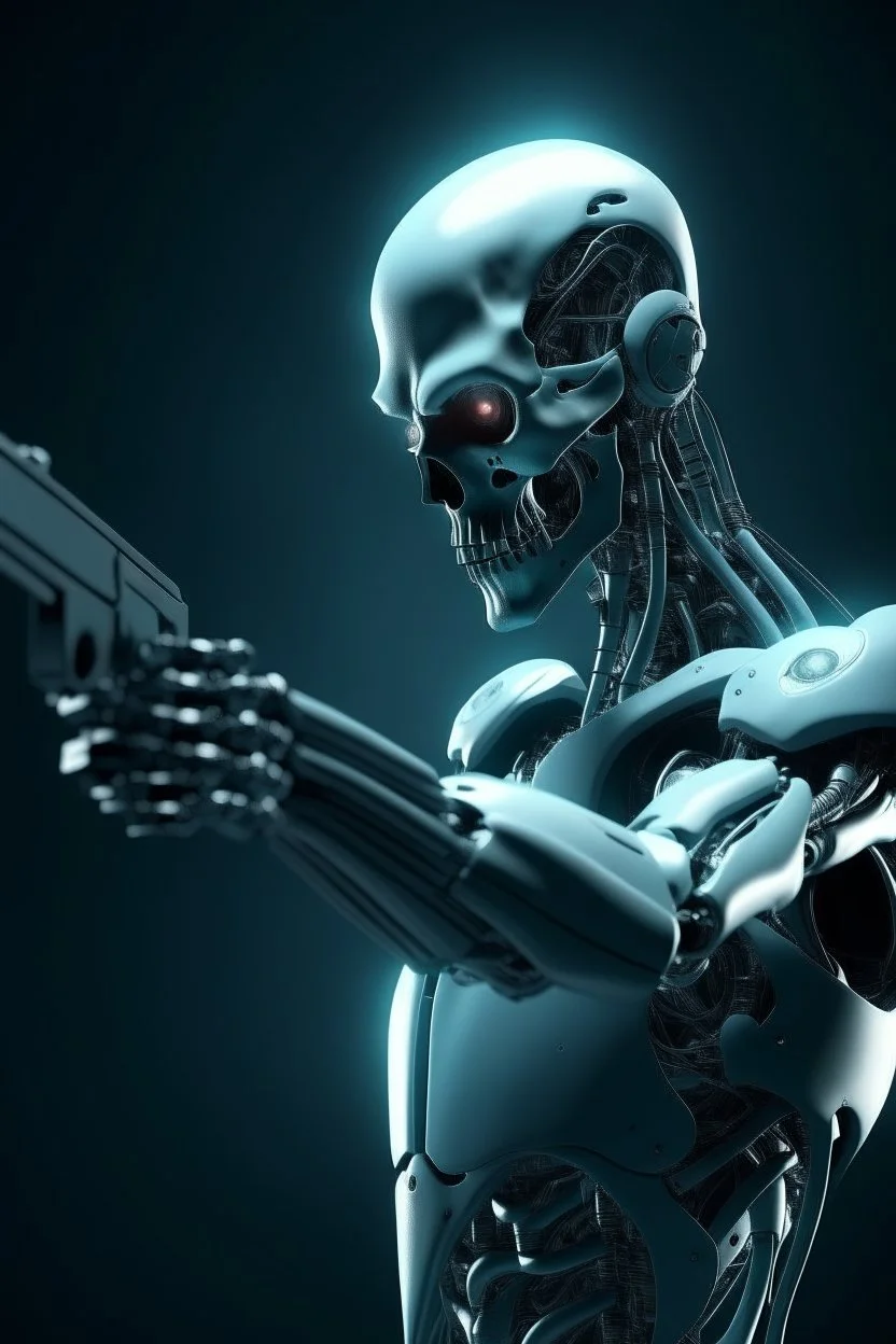a scary cyborg with a gun searching for humans that looking left at a dead body and is far away