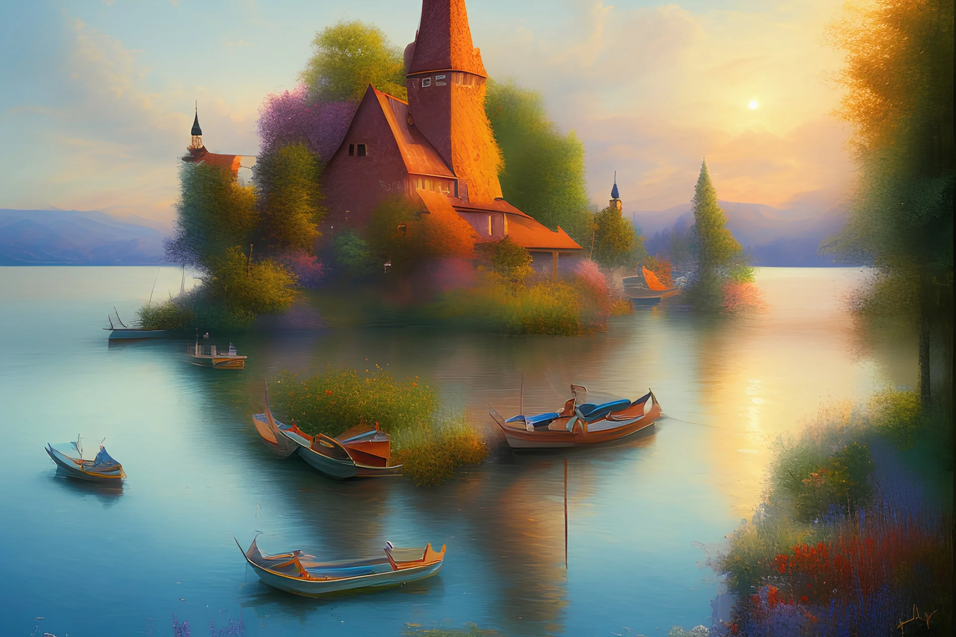 oil painting style, Lake Balaton