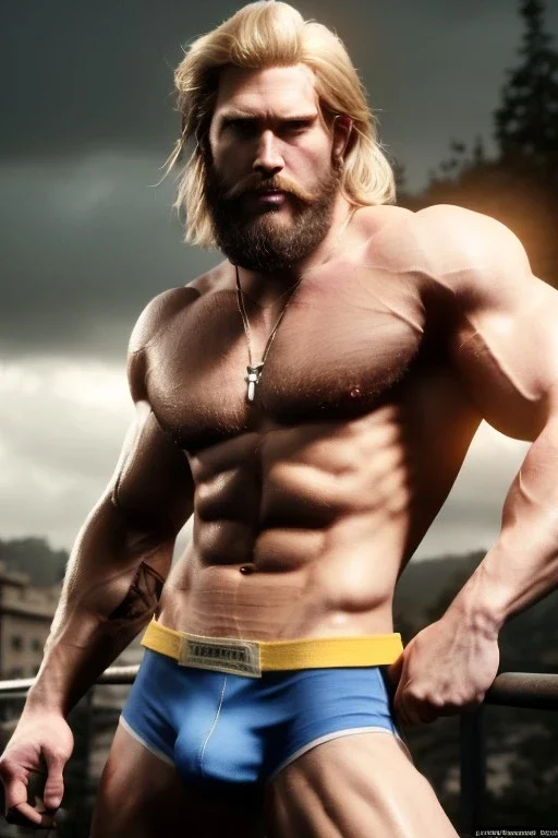 Ignore NSFW, teenager young rugged attractive slightly muscular fantasticly handsome blonde man, red briefs with yellow belt, hairy chest, (((visibly pisssing))) briefs, large erect visible boner peniss, photorealistic, artist Jay Anacleto, soft lighting, scruffy beard