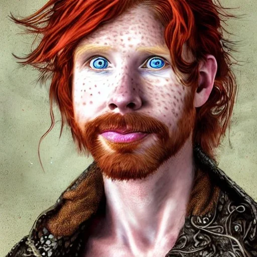 Portrait of young Courtney Gains as a ruggedly handsome, joyful, roguish pirate, charismatic, attractive male, masculine, perfect, precisely detailed clear eyes, unblemished, flawless skin, softly freckled face; meticulously detailed multi-hued ginger carrot-colored cherry fire red hair; fantasy, intricate, elegant, highly detailed, digital painting, concept art, matte, sharp focus, illustration, art by artgerm and greg rutkowski and alphonse mucha