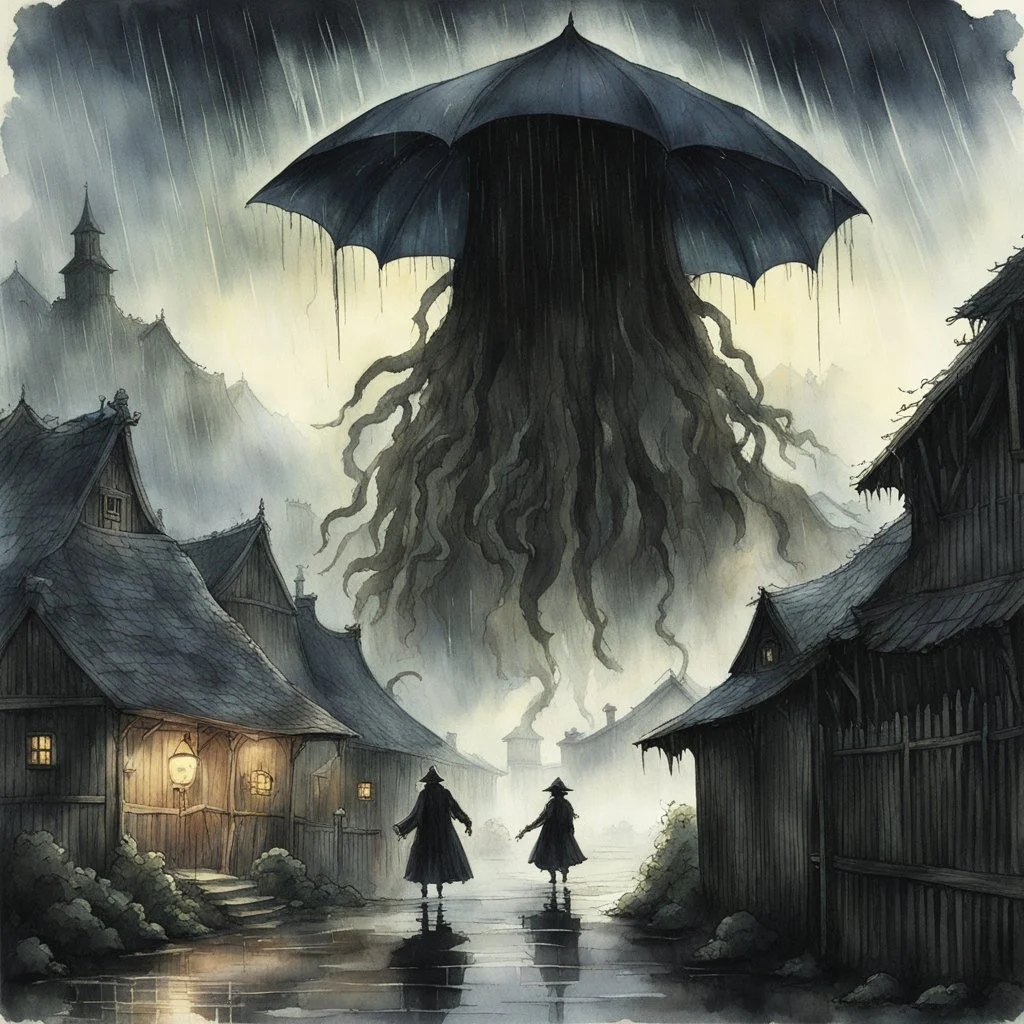 diffused watercolor that looks faded and aged, in distance a barely visible hint of a silhouette of a flying Lovecraftian three headed colossus shrouded in mist whose rough shady profile outline is briefly lit by a flash of lightning, paranoiac, strange thatched-house village in foreground with crude wooden fences, downpouring rain, people huddled under umbrellas, subtle, quiet horror, blue and green color scheme, dark grey negative space
