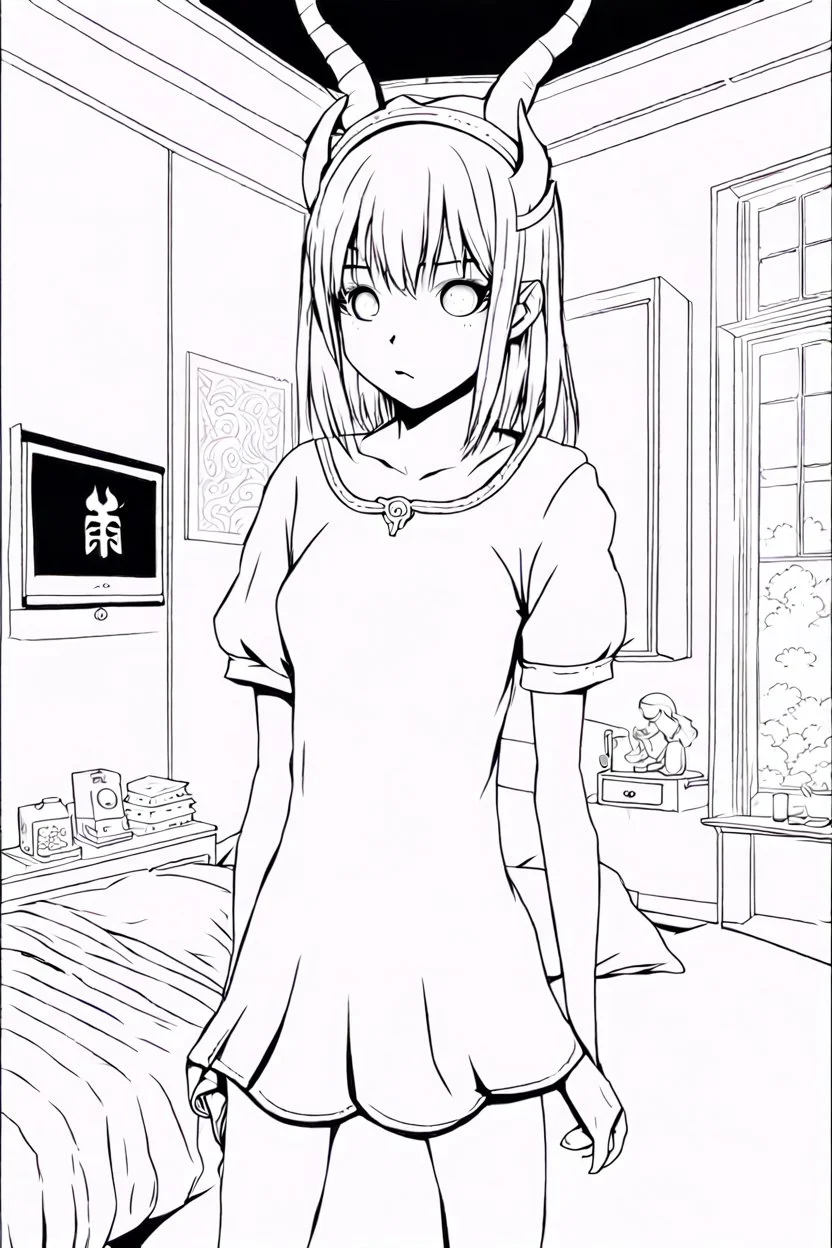 girl with demon mask in big bedroom, line arts, manga style