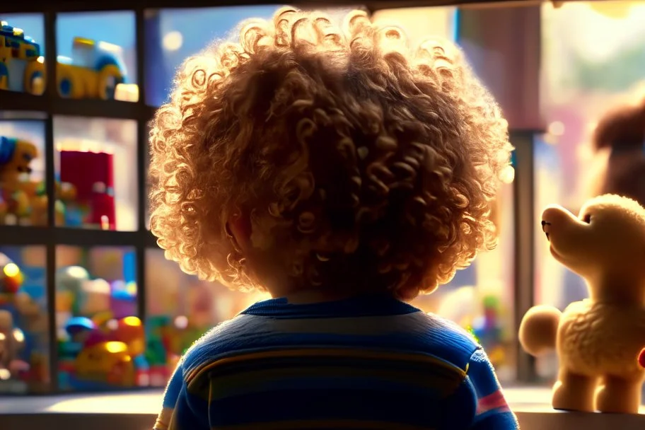 a little boy with curly blond hair is standing with his back to us, looking at toys (stuffed animals, building blocks, trains, legos, rocking horses) in a toy shop window Nikon D850 digital painting fantasy 4k very attractive fantastic view ultra detailed 4K 3D cinematic postprocessing in sunshine