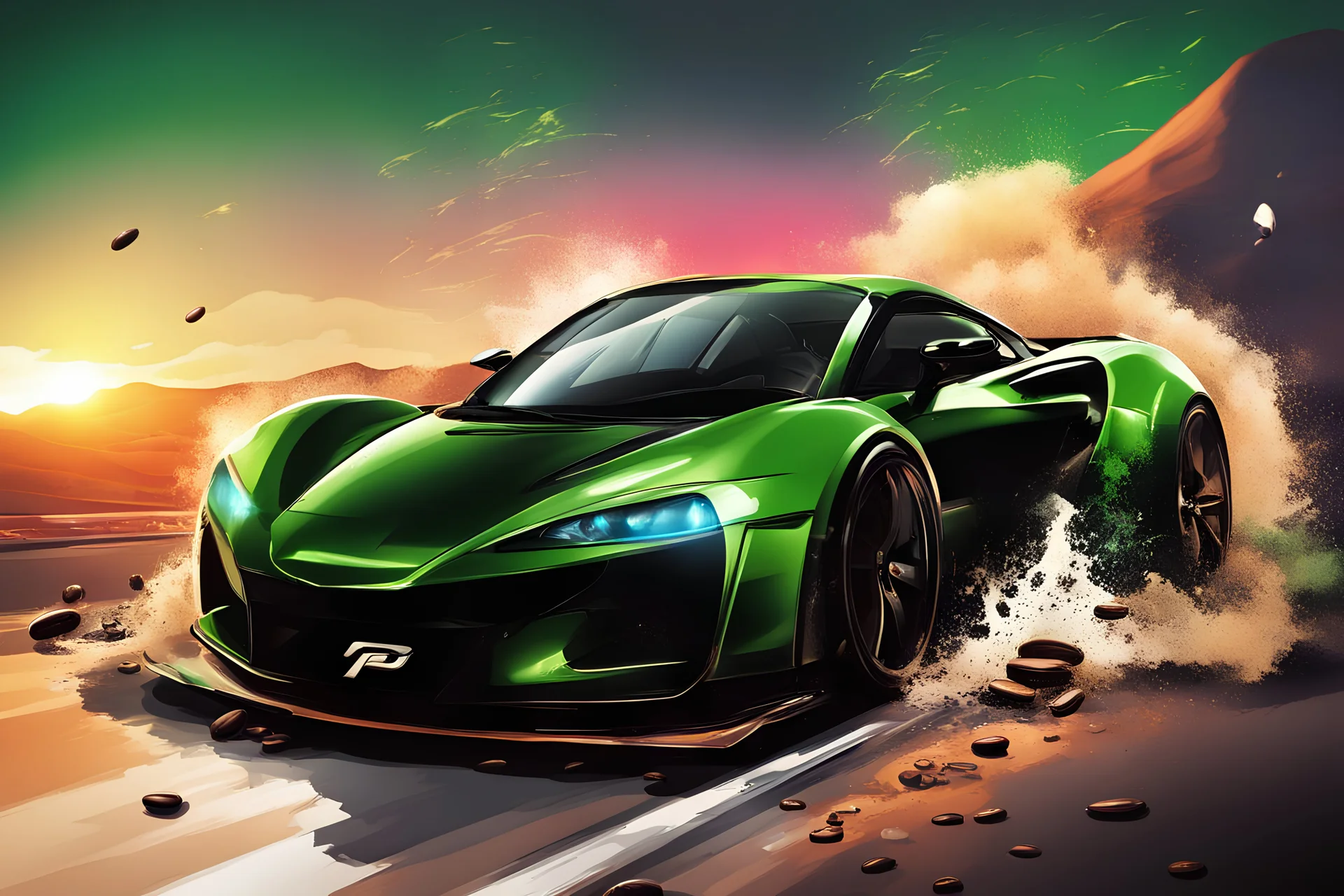 coffee,racing,splash art, coffee beans, sport car, playstation, gaming, sunset, racer, coffee,green,black,