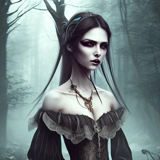 gothic makeup, female monk, dark forest, long hair, full-body