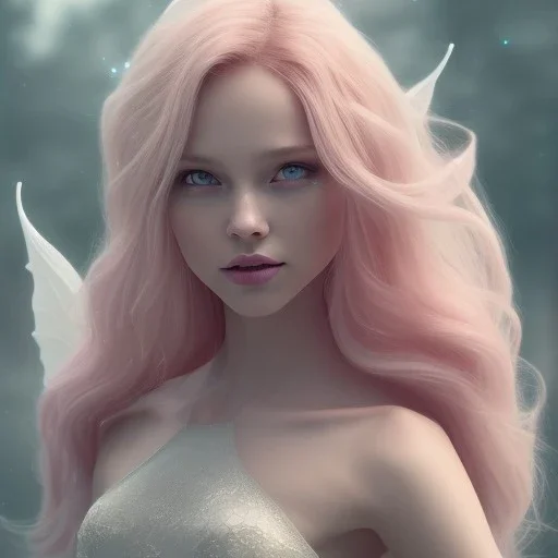 a pink castle, a cheerful fairy in front, big smile, pink, blonde hair, beautiful, whole face, whole top hair head, wide open blue eyes, transparent wings onn the back, hyperrealism, masterpiece, expert, cinematic lighting, sharp focus, 8K, pastel, macro lens, woman, detailed, flower