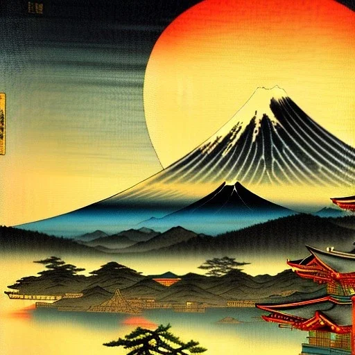 Ukiyo-e painting of a mount fuji at sunset