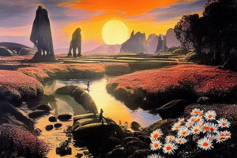 Beautiful epic sunset, logan's run 1976 movie influence, cosmic, people, rocks, holiday influence, river, flowers, very epic and philosophic, walter leistikow, alfred munnings, and hans am ende impressionism paintings