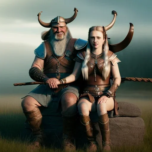 Viking theme, a younger woman sitting next to a 50-year-old man, portrait, 8K, close-up face, anatomically perfect face, Highly detailed stunning full frame portrait, misty and cloudy atmosphere