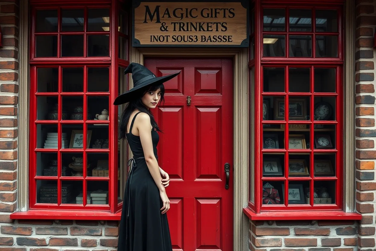 Photorealistic image of a slender, young woman with dark hair, in a witchy, black dress, no hat, leaning back against a shop door with red-painted, large, multi-paned windows on either side of a red-painted multi-paned door. Walls made of brick. The shop is selling magic gifts and trinkets. Large sign over the door.